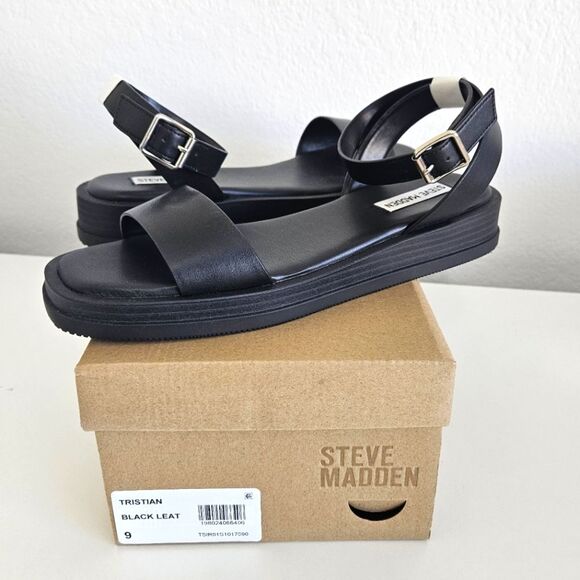 NWT Steve Madden | Tristian Leather Black Strappy Sandal, Women's 9 - Picture 1 of 7